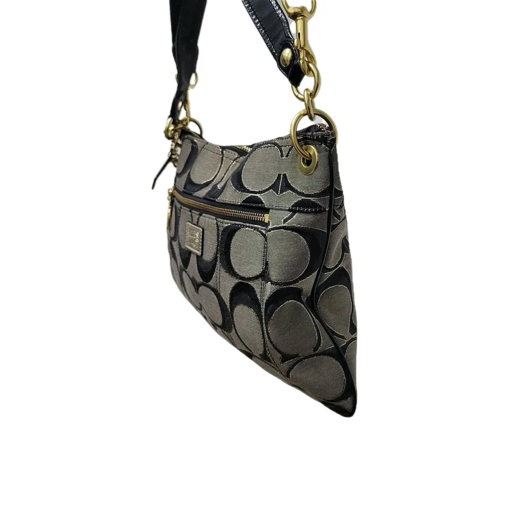 Coach #18135 Black & Gold Canvas Leather Trim Shoulder/Crossbody Handbag Purse